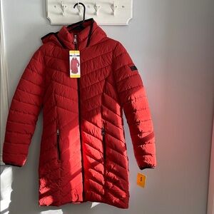 DKNY Red Quilted Jacket with Hood